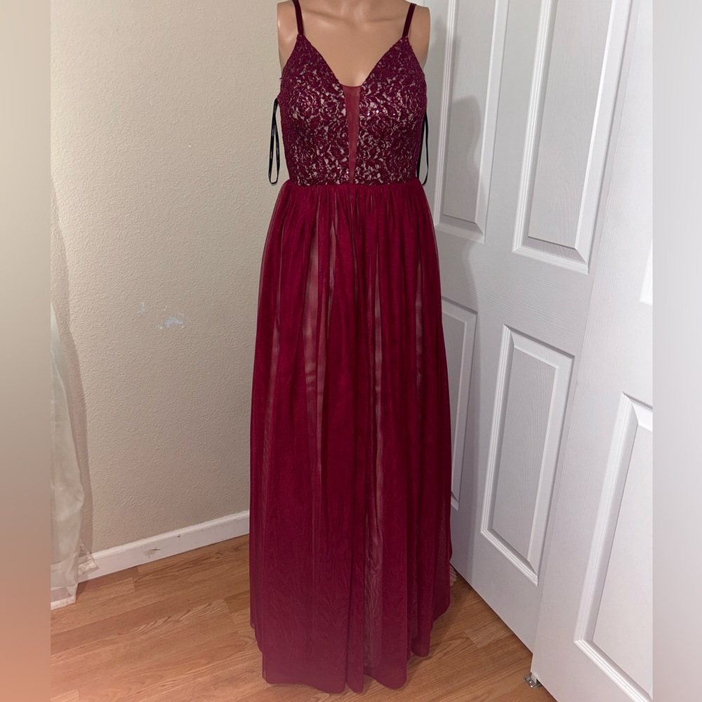 Nude and maroon dress